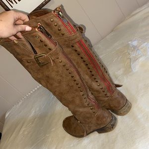 Brown, red-zipper buckle studded boots, Size 7